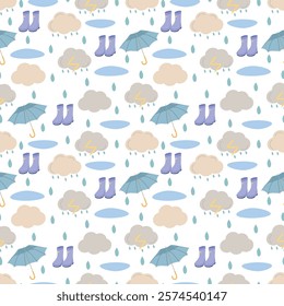 A seamless pattern with clouds, rain, umbrella, rubber boots, puddles.