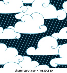 Seamless pattern with clouds and rain. Vector abstract illustration. Funny ornament.