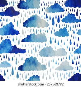 Seamless pattern with clouds and rain. Watercolor effect. Vector illustration.