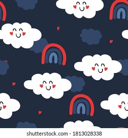 Seamless pattern with clouds and rainbow. Background for textile and fabric, kids, web, clothes and other design.