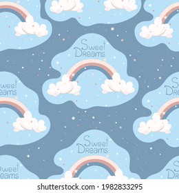 Seamless pattern with clouds and rainbow, cute baby pattern with starry sky, vector illustration in flat style.