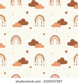 Seamless pattern with clouds, rainbow and hearts. Background for wrapping paper, greeting cards and seasonal designs. Happy Valentine's day.