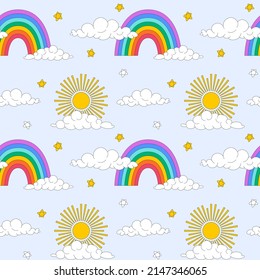 Seamless pattern with clouds, rainbow, sun. Cute elements with an outline in retro vintage style. Great for children's and home textiles, Color vector illustrations on a light blue background