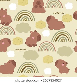 Seamless pattern with clouds, rainbows and capybara. Vector illustration for kids.
