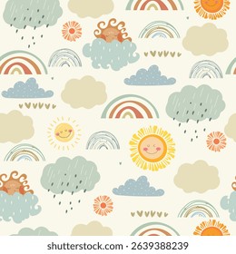 Seamless pattern with clouds, rainbows and sun. Cute hand drawn kids pattern with sky.	
