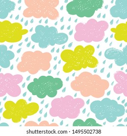 Seamless pattern with clouds and raindrops. Great for baby textiles, print on paper and other surfaces for babies.