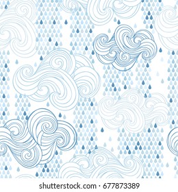 Seamless pattern with clouds and raindrops. Vector illustration.