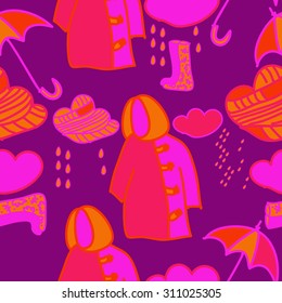 Seamless  pattern with clouds, rain,umbrellas,drops,  doodles. Hand drawn.