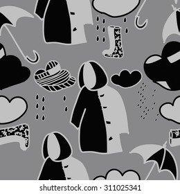 Seamless  pattern with clouds, rain,umbrellas,drops,  doodles. Hand drawn.