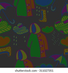 Seamless  pattern with clouds, rain,umbrellas,drops,  doodles. Hand drawn.