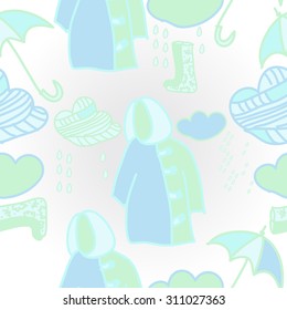 Seamless  pattern with clouds, rain,umbrellas,drops,  doodles. Hand drawn.