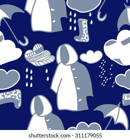 Seamless  pattern with clouds, rain,umbrellas,drops,  doodles. Hand drawn.