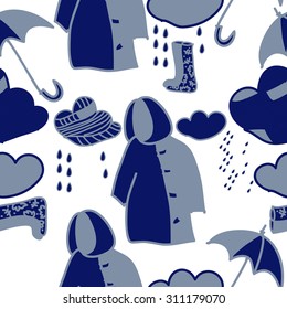 Seamless  pattern with clouds, rain,umbrellas,drops,  doodles. Hand drawn.