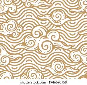 seamless pattern of clouds with sea ornament in doodle outline style	