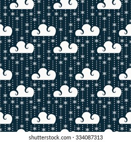 Seamless pattern with clouds and snowflakes. Cute background in white and dark blue colors. Winter theme. Vector illustration.