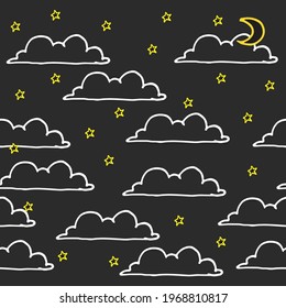 seamless pattern with clouds with stars and crescent moon isolated on night background. hand drawn vector. doodle art for wallpaper, fabric, textile, wrapping paper, backdrop, baby clothes, card. 