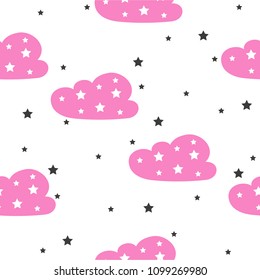 Seamless pattern with clouds and stars. Cute clouds for trendy baby clothes and textiles. Children's pattern.