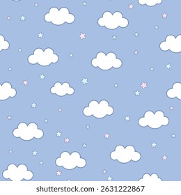 Seamless pattern with clouds and stars. Cute vector background. Texture for print, textile, fabric.