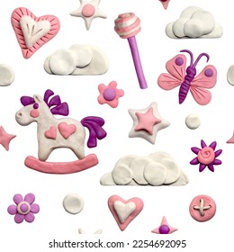 Seamless pattern of clouds, stars, flowers, horses, butterflies, lollipops and plasticine hearts. Colored plasticine clay 3D illustration isolated on white background, cute dough shape.