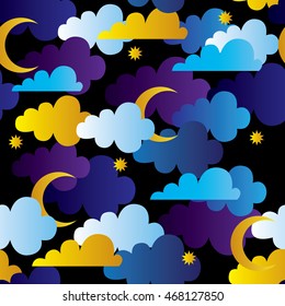 Seamless pattern with clouds, stars and moon on black background. Vector illustration.