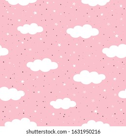 Seamless pattern with clouds and stars on pink background. Nursery print