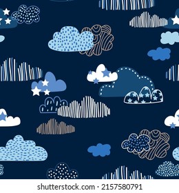 Seamless pattern with clouds and stars on blue. Creative vector childish background for fabric, textile