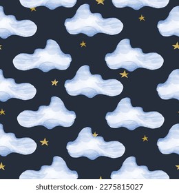 Seamless pattern with clouds and stars on a dark background.