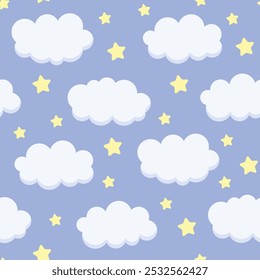 seamless pattern of clouds and stars on blue background, sleeping child pattern design