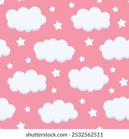 seamless pattern of clouds and stars on pink background, sleeping child pattern design