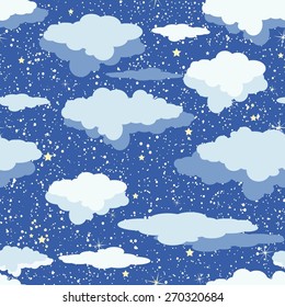 Seamless pattern of clouds and stars on dark blue sky. Texture for wallpaper, web design, fabrics and wrappers.