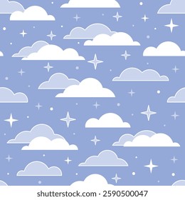 Seamless pattern with clouds and stars in the sky. Cute pattern for children. Vector illustration.