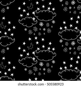Seamless pattern with clouds, stars and snowflakes. Vector winter background in cartoon.