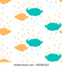 Seamless pattern with clouds, stars and snowflakes. Vector winter background in cartoon.
