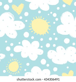 Seamless pattern with clouds and sun.