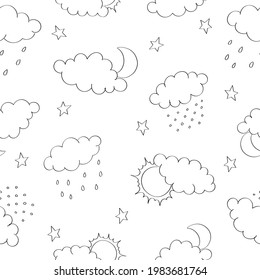 Seamless pattern with clouds, sun and moon,  rain and snow. Hand drawn contour sketch. Background for poster, cover booklet, banner, surface design.