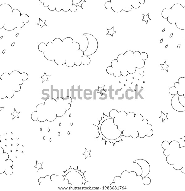 Seamless pattern with clouds, sun and\
moon,  rain and snow. Hand drawn contour sketch. Background for\
poster, cover booklet, banner, surface\
design.