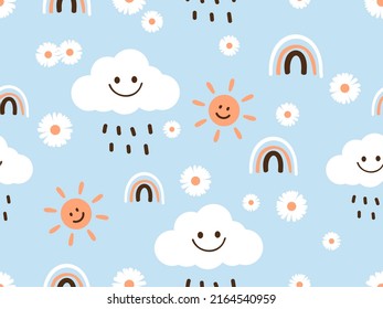 Seamless pattern with clouds, sun, rainbows, rain and daisy flower on blue sky background vector illustration. Cute childish print.