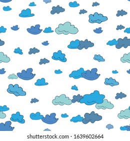 Seamless pattern of clouds, thunderclouds hand drawn  in cartoon style. Vector illustration of isolated weather icons on white background. Weather forecast meteorology and climate symbols