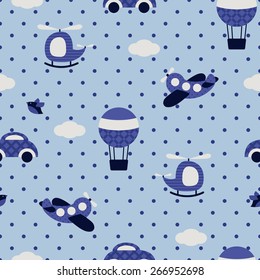 seamless pattern of clouds and transport: airplane, balloon, helicopter and car on a blue background