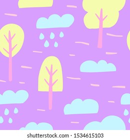 Seamless pattern with clouds and trees. Perfect for children's textiles. Cartoon illustration.