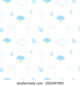 Seamless pattern with clouds, umbrella, thunderbolt and rain on a white background. Vector repeating texture.