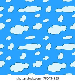 Seamless pattern. Clouds. White clouds pattern, blue background. Vector, flat illustration