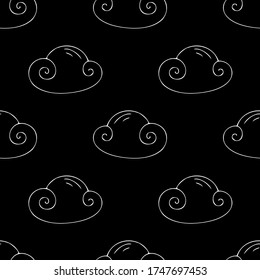 Seamless pattern with clouds. White Doodle drawing on a black background. Vector image of clouds. Design for wrapping paper, textiles, scrap paper. Night sky.