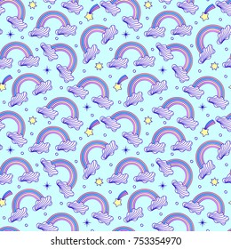 Seamless pattern with clouds,rainbows and stars on white background.