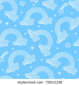 Seamless pattern with clouds,rainbows and stars on white background.