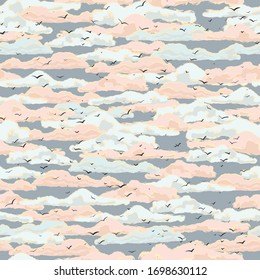 Seamless pattern with cloudy sky and black birds.
Print for textiles, fabrics, backgrounds, accessories, wrapping paper, wallpaper.
