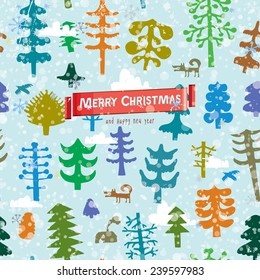 Seamless pattern with clound, various trees of the forest. Vector illustration.