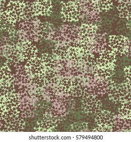Seamless pattern. Clouts with stars. Random order. Spotted chaos. Fashion camouflage. Pyatikonchny stars. Grunge image.
