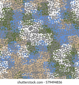 Seamless pattern. Clouts with stars. Random order. Spotted chaos. Fashion camouflage. Pyatikonchny stars. Grunge image.