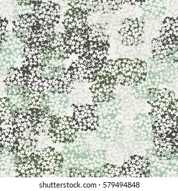 Seamless pattern. Clouts with stars. Random order. Spotted chaos. Fashion camouflage. Pyatikonchny stars. Grunge image.